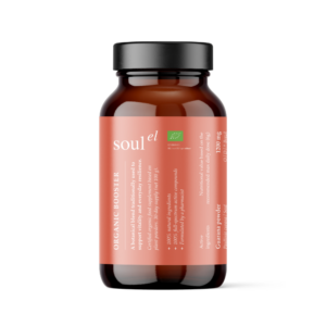 SOULEL Organic Booster herbal powder in glass jar with organic plant ingredients naturally rich in antioxidants